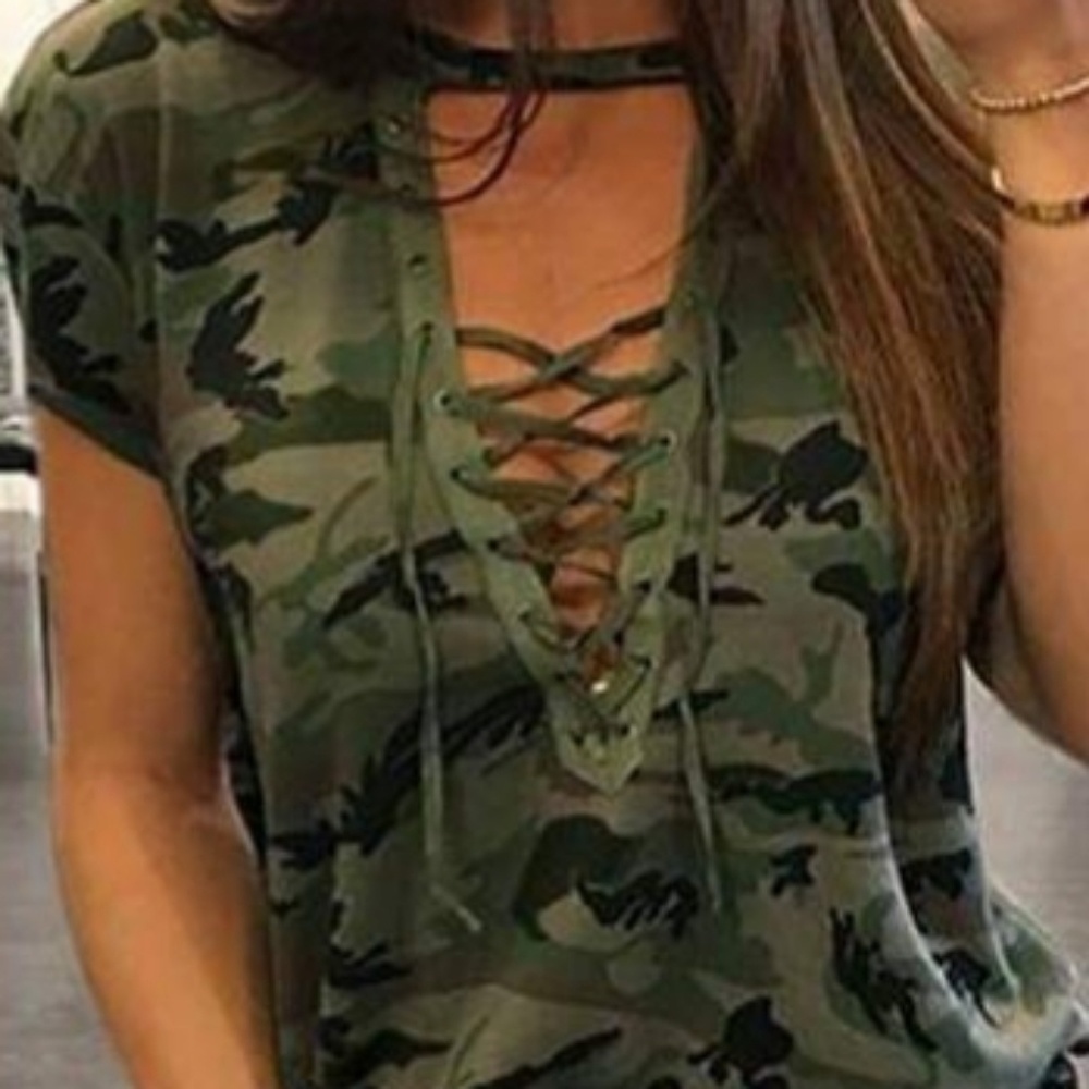 Lace up camo top blue color